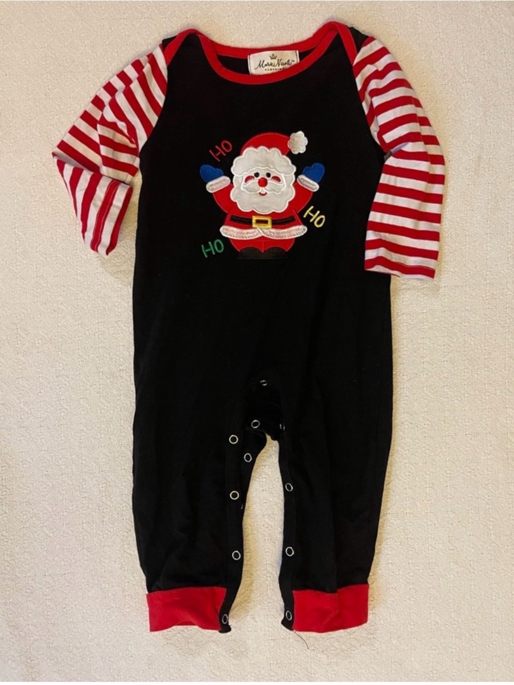 Marie Nicole Holiday Long Sleeve Romper with Appliqué Santa